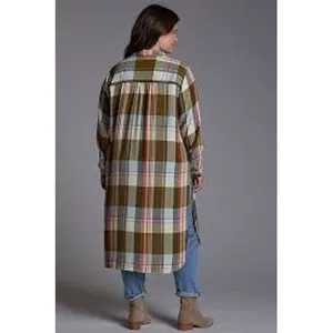 Pilcro Shirt Dress Women Medium Olive‎ Plaid Longline Duster Button Front Boho thumbnail 5