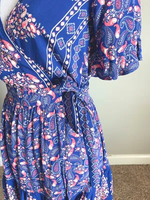 DEBBIE DABBIE | Blue & Pink Floral Print Wrap Mini Dress Sz 8 thumbnail 5