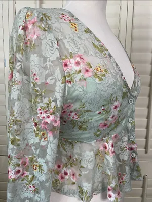 Lulu's Mint Floral Lace Peplum mesh Blouse with Pink Accents thumbnail 7