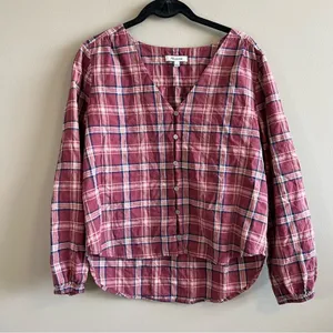 ✨ Madewell‎ V-Neck Button-Down Shirt in Stratfield Plaid Pink Small thumbnail 2