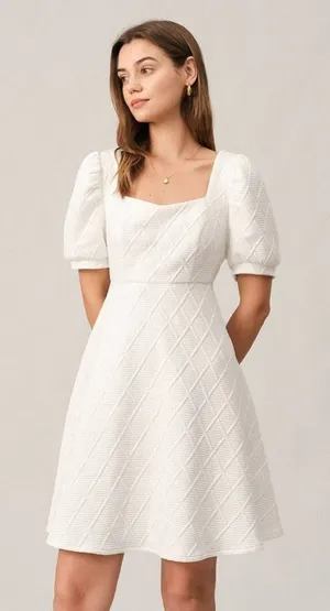 Rihoas The Solid Textured Puff Short Sleeve Mini Dress Square Neck White Size L‎ thumbnail 1