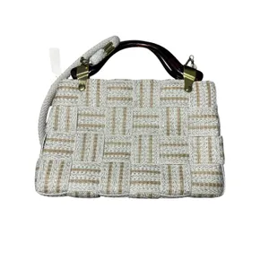 Vtg Handbag Purse Woven Purse Lucite Handles Made In Italy NWT Bohemian Neutral thumbnail 5