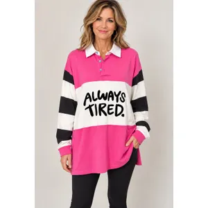NWT SALEM7 L Always Tired Color Block Rugby Tunic Top Pink Black thumbnail 2