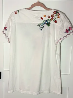 JW Los Angeles Johnny Was Embroidered Floral Boho Cotton V-Neck Tee Size XL thumbnail 3