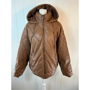 SEBBY Collection Faux Leather Short Crop Puffer Jacket In Toffee Size L. thumbnail 2