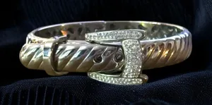Stainless steel pave rhinestone belt and buckle bangle bracelet thumbnail 1