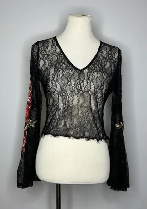 Forever 21- Black V-Neck Mesh Long Sleeve Top w/Floral Details thumbnail 1
