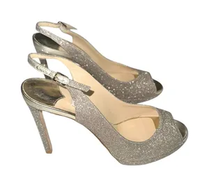 Jimmy Choo Nova Platinum Glitter Peep-Toe Slingback High Heels 37.5 thumbnail 1