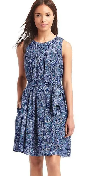 GAP Blue Paisley Shirred Swing Dress Tie Waist Pockets Size M thumbnail 1