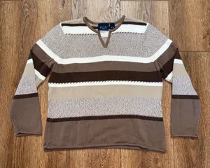Y2K Crazy Horse Liz Claiborne Striped Sweater Womens XL Brown Cream Knit Western thumbnail 1