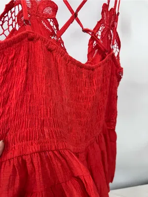 Red Lace bohemian tank top Strappy Camisole crochet peplum tiered bralette M thumbnail 7