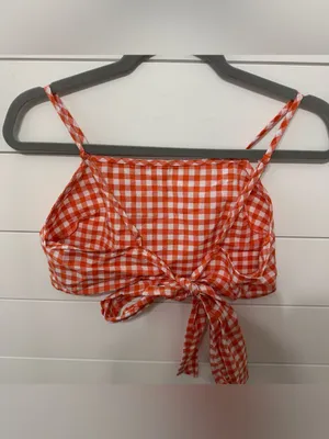 An orange and white gingham crop top with spaghetti straps and a back tie thumbnail 2