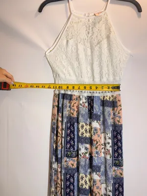 Boho Patchwork Floral Lace Halter Tie Waist Flowy Maxi Dress Size M thumbnail 7