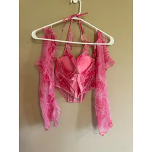 Tezenis Pink Floral‎ Mesh Corset Top Ruffle Off Shoulder Halter 32B thumbnail 2