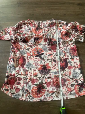 LOFT Short-Sleeve Floral Ruffle Blouse - Cream w/ Maroon & Blue Patterns Large thumbnail 3