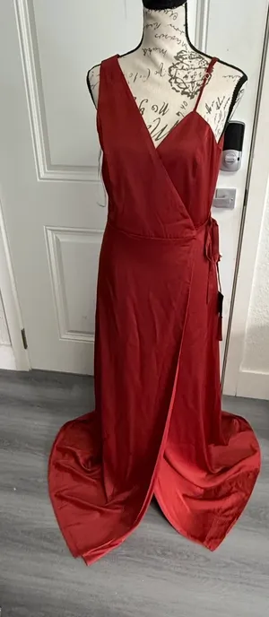 Lulus Poised Sophistication Rust Red Satin Wrap Maxi Dress - NWT - Size M - 63" Length thumbnail 7