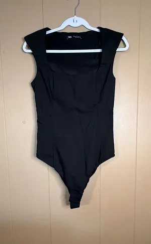 Zara Women's Black Shoulder Padded Square Neck Bodysuit thumbnail 1