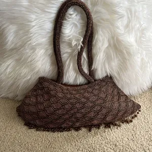 Vintage brown beaded fish scale triangle shape double handle satin handbag purse thumbnail 1