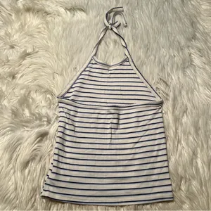 American Eagle Womens Size XS Halter Top White Navy Blue Stripes Textured Cotton thumbnail 5