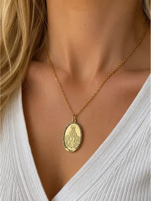 Vintage Gold Tone Miraculous Medal Virgin Mary Necklace 18" thumbnail 1