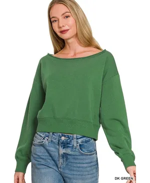 Zenana Fleece Boat-neck Sweatshirt - Green - Small thumbnail 1