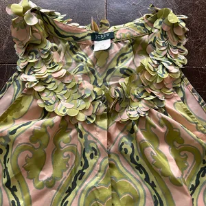 J. Crew Silk Pink and Green Medallion Patterned Sleeveless Petal Ruffle Neck Top thumbnail 2