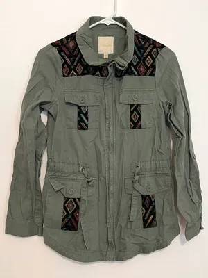 MODCLOTH Keep a Woven Mind Jacket Olive Army Green Multi Aztec Boho Embroidered thumbnail 3
