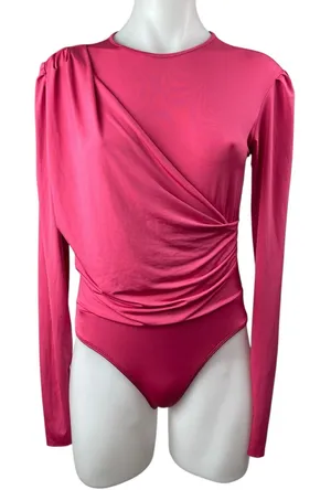 ZARA Pink Draped Long Sleeve Crew Neck Fitted Bodycon One Piece Bodysuit Top M thumbnail 1
