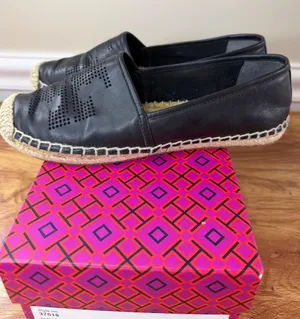 Tory Burch Black Perforated Logo Nappa Leather Espadrille Flats Size 6.5 thumbnail 1