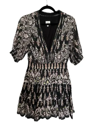 HEMANT & NANDITA Boho Paisley Ikat Embroidered Deep V-Neck Mini Dress Black SZ M thumbnail 1