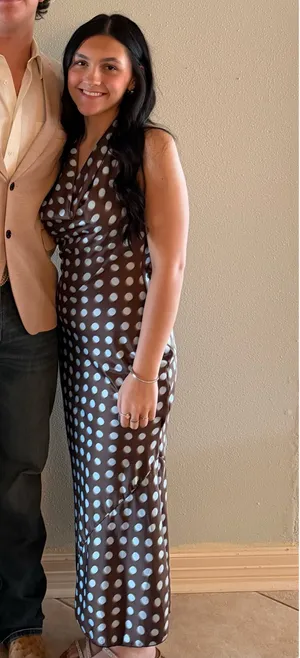 Brown silk dress with blue polka dots thumbnail 2