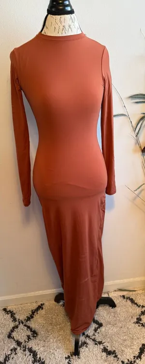Skims Fits Everybody Long Sleeve Maxi Dress Rust Copper Orange‎ Medium Bodycon thumbnail 1