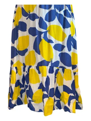 LOFT 10 Lemon Midi Dress Yellow Blue back zipper keyhole ruffles linen blend thumbnail 2