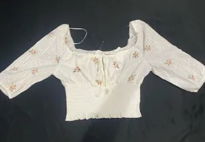 Kirious White Cropped Peasant Top with Pink Floral Embroidery thumbnail 1
