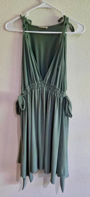 Hummingbird Convertible Deep V Tie Strap Smocked Empire Dress Sage Green Medium thumbnail 1