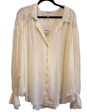 Free People NWT $98 Olivia Ivory Peasant Blouse Button Down V-Neck L thumbnail 1