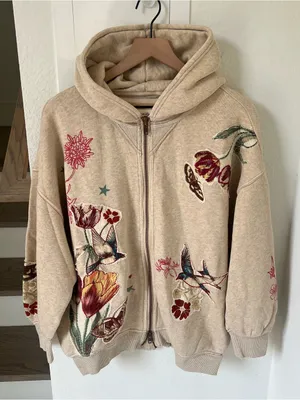 Free People Grandma's Garden Hoodie Zip Up Sweatshirt in Tea Overdye Gray NWT thumbnail 4