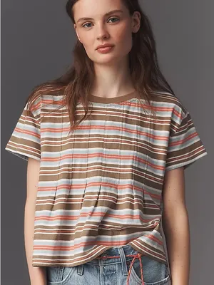 NWT Anthropologie Pilcro Pleated Swing Tee Pink Sporty Stripe Size XL thumbnail 1