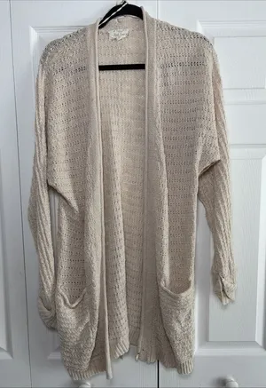 Pink Rose Open Front Cardigan Womens Size M Cream Pointelle Knit Boho Cotton thumbnail 1