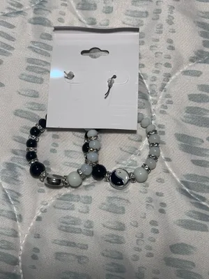 Beaded hoop earrings, Blossom brand, black and white yin yang design with silver accents thumbnail 4
