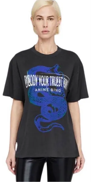 Anine Bing Walker Viper Blue Snake Tee in Washed Black, Size Medium thumbnail 1