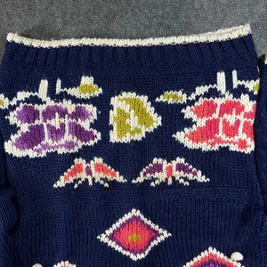 Palm Springs Yacht Club Vintage Navy Floral Knit Sweater Pom Pom Trim Medium thumbnail 9