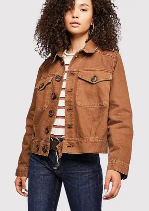 Free People Womens Denim Jacket Brown Eisenhower Slouchy Cropped Jean Medium thumbnail 1