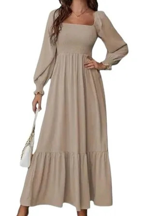 Khaki Smocked Maxi Dress Large Boho Square Neck Ruffle Hem Festival thumbnail 1