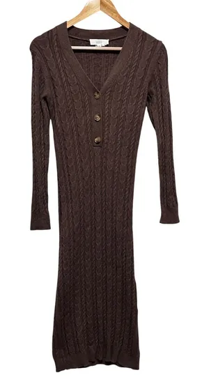 Lucky Brand Cottage Academia Sweater Dress M Brown Cable Knit Coastal Cowgirl thumbnail 1