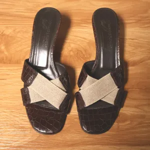 VTG Y2K Donald Pliner Kiki Kitten‎ Heel Sandal Size 7.5 Brown Croc Linen Leather thumbnail 11