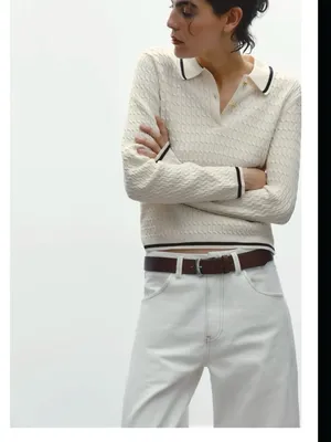NWOT Zara Cream Knit V-Neck Polo Sweater with Black Trim thumbnail 6
