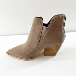 Vintage Havana Collins Suede Pointed Toe Stacked Heel Ankle Booties Tan 6 thumbnail 3