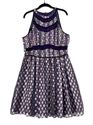 Charlie Jade 100% Silk Purple Floral Fit & Flare Cocktail Romantic Dress L NWT thumbnail 1