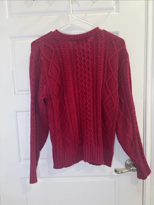 Vintage L.L.Bean Cable Knit Sweater M Made USA 100% Cotton Burgundy thumbnail 3